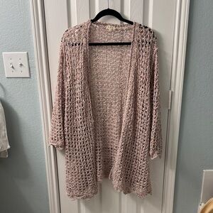 POL Open-Knit Cardigan in variegated woven dark pink